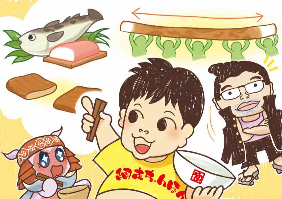 網走ちゃんぽん誕生のいきさつを描いたイラスト。日本一の焼ちくわと、あばちゃん